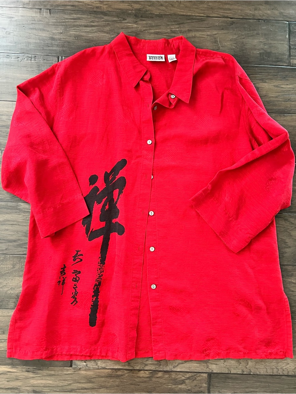 Women's Red Button-Up Shirt with Black Calligraphy